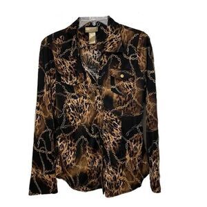 Miss Tina Brown Leopard Chain Button Up Blouse Womens Size Medium 8-10